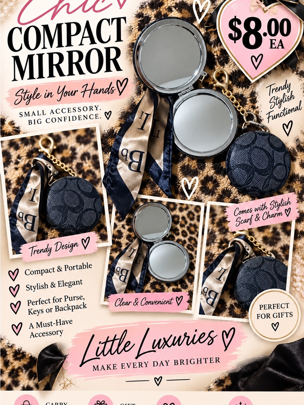 Chic Compact Mirror with Scarf & Charm - Navy/Beige